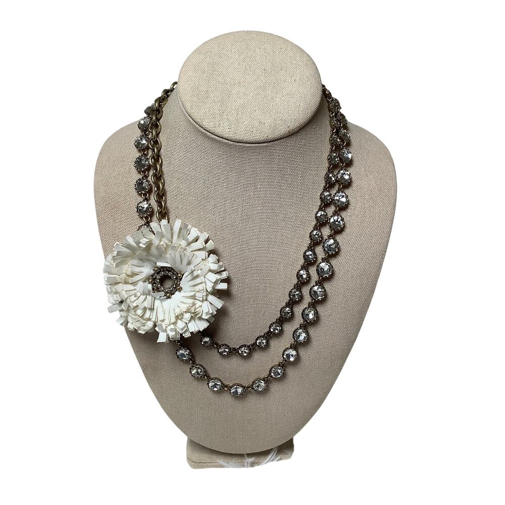 Ann Taylor Gold Tone Double Strand Rhinestone Flower Statement Necklace F14-19